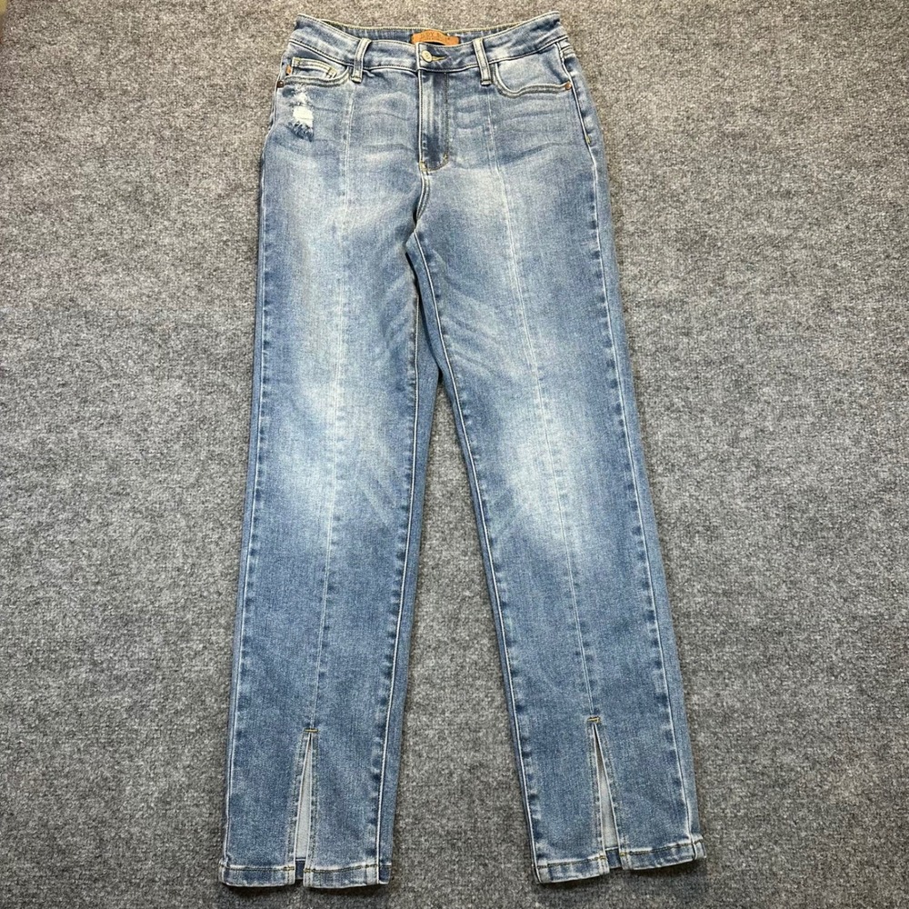 Judy Blue Slim Straight Jeans Womens Size 5/27 Blue Split Hem Seam Front Denim